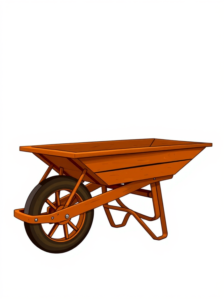 Create a high-resolution digital illustration of a wooden wheelbarrow with a flatbed, featuring a dark orange color and a sturdy design with visible wooden slats, set against a plain white background, using a modern vector art style; camera settings: ISO 100, f/8, 1/200s; camera view: side profile; camera type: digital SLR.