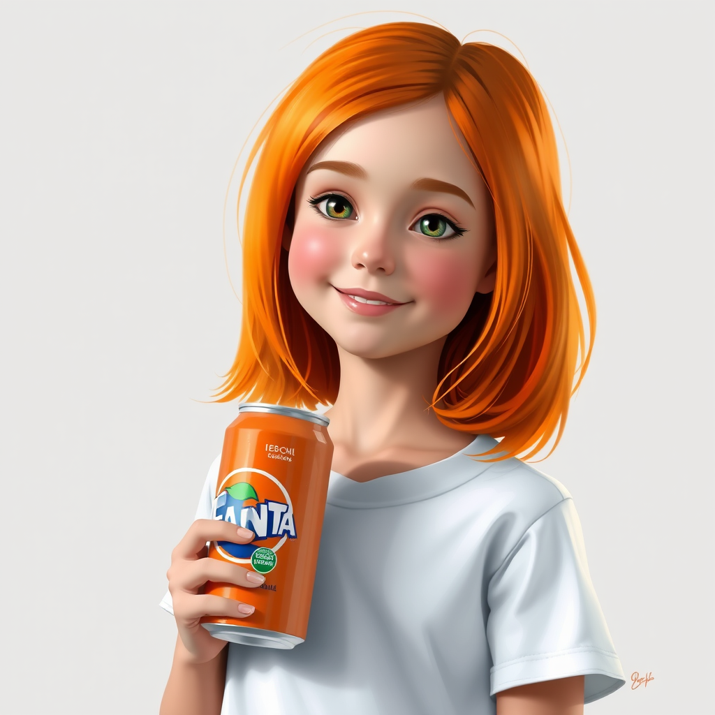 3D painting portrait of a young girl, orange hair, wearing white t-shirt, holding a can of Fanta. simple grey bg. vibrant color.