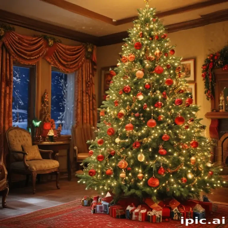 Cozy Christmas Scene Featuring a Beautifully Decorated Tree with Gifts