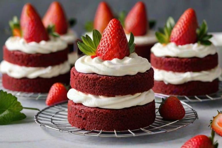 Create an image of small red velvet cakes stacked in layers, each topped with whipped cream and fresh strawberries. Arrange them on a wire cooling rack with a blurred background of strawberries and greenery. Make the cakes look moist and inviting, with a focus on their vibrant red color and creamy texture.