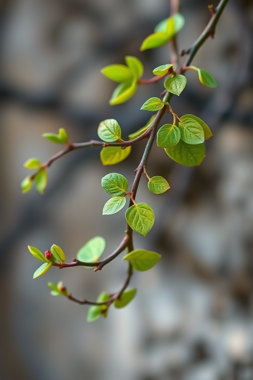Close-up of twisting vine branches with new green leaves against a blurred background, shot with a DSLR camera at f/2.8 aperture, 50mm lens, ISO 200, natural light, shallow depth of field for enhanced detail.