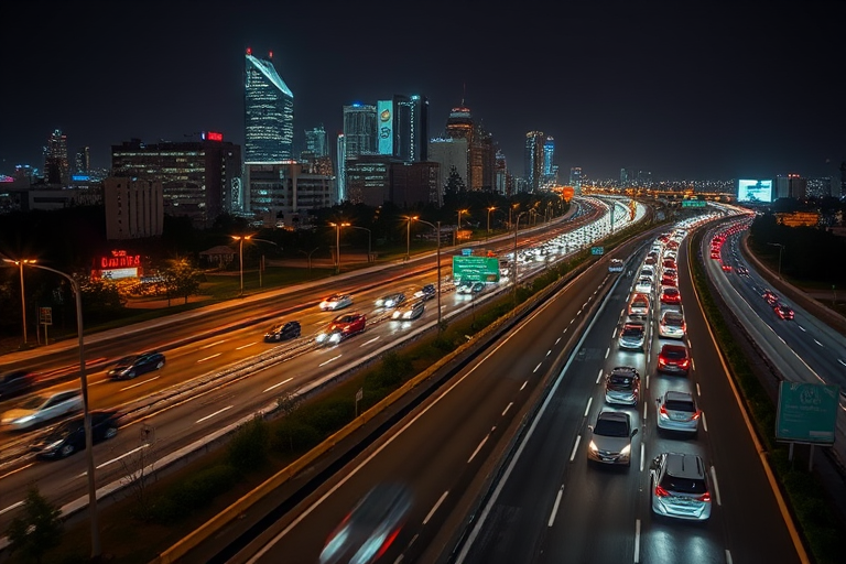 night cityscape of a busy highway with cars and buildings, shot with a DSLR camera at f/2.8, 1/60s, ISO 400, using a wide-angle lens from an elevated viewpoint for enhanced detail and clarity.