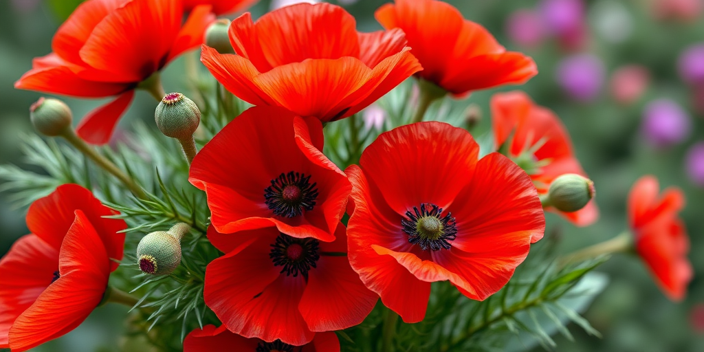 Create a vibrant illustration of a bouquet of bright red poppies with lush green leaves, using a DSLR camera, f/2.8 aperture, 50mm lens, ISO 100, with a soft focus background for depth.