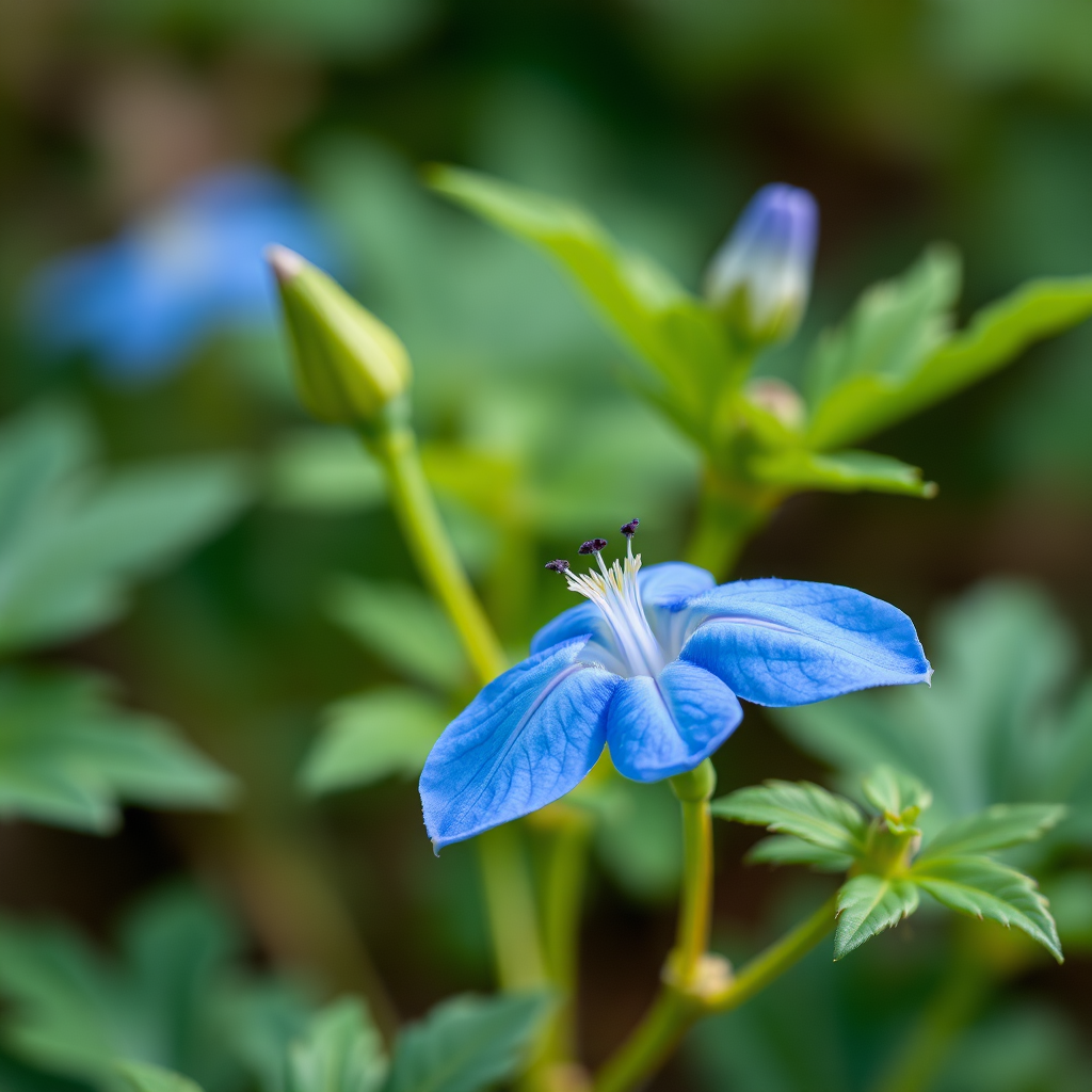 Create a high-resolution botanical illustration of a stylized blue flower and foliage, taken with a DSLR camera at f/5.6, ISO 100, 50mm focal length, natural lighting, and a slight depth of field for enhanced focus on the details.