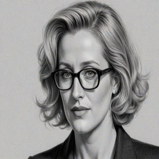 Appealing Gillian Anderson, pencil sketch, portrait of Fascinating woman 1956s in glasses, hair style beatnik, outline, clear lines, fine lines, 8k