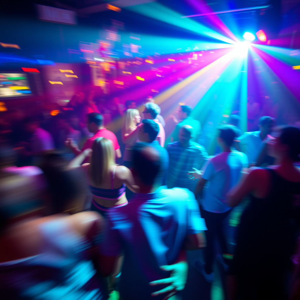 Blurry action shot of a lively dance party in a club, with colorful lights swirling around and people moving to the beat, creating a vibrant atmosphere full of energy.