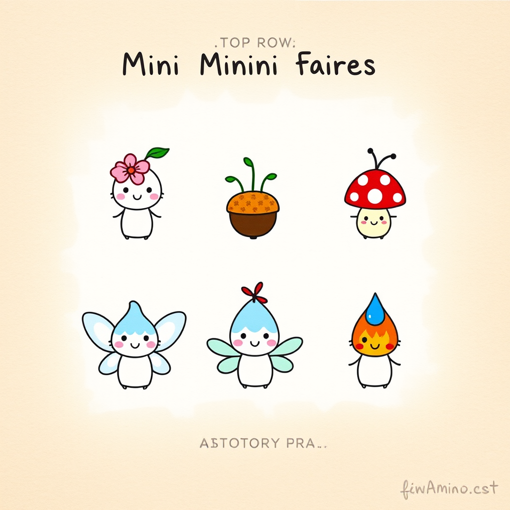 "Create an illustration featuring six cute, simple figures with various whimsical themes. Arrange them in two rows:

1. **Top Row:**
   - First figure: A tiny character with a pink flower on its head.
   - Second figure: A little character with green leaves sprouting from its head.
   - Third figure: A small character with an acorn cap on its head.
   - Fourth figure: A character with a red and white spotted mushroom cap.

2. **Bottom Row:**
   - First figure: A character with small butterfly wings.
   - Second figure: A character with a blue water droplet shape on its head.
   - Third figure: A character with a small flame on its head.

Use a soft, hand-drawn style on a textured paper background and label it ""Mini Minion Fairies"" at the top."
