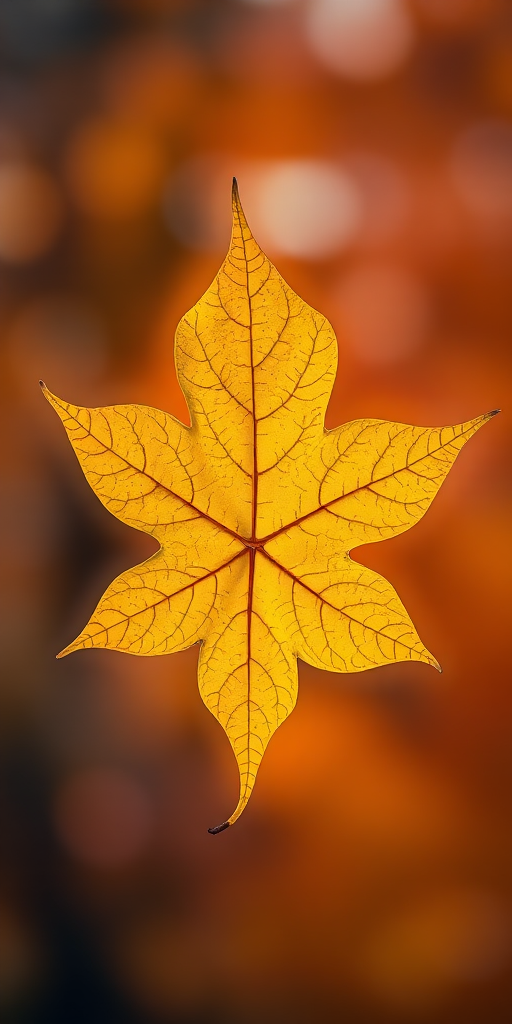 Generate a high-resolution abstract image of a yellow maple leaf against a gradient of warm autumn colors, using a DSLR camera with a 50mm lens, aperture f/2.8, ISO 100, and a shallow depth of field for a soft background blur.