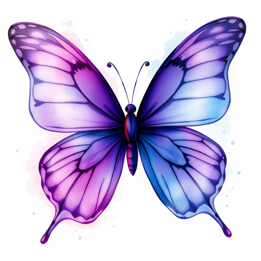 Create an artistic illustration of a butterfly with large wings. The wings should be a blend of vibrant purple and blue hues, featuring delicate swirls and splashes of watercolor effects. The background should be soft and light, enhancing the ethereal quality of the butterfly.
