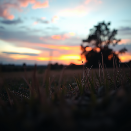 Create a high-resolution image of a serene landscape at sunset with vibrant colors in the sky, using a DSLR camera with a 50mm lens, f/1.8 aperture, ISO 200, and a low-angle view to capture the foreground details along with a soft bokeh effect in the background.
