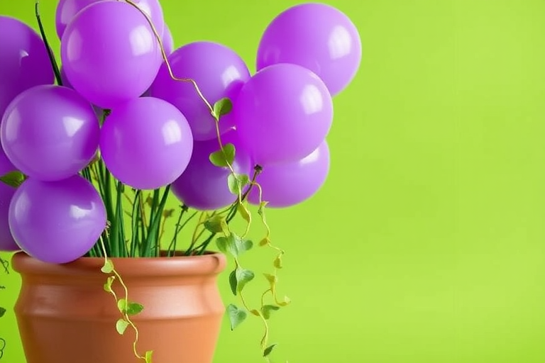 Create a high-resolution image of a brown pot filled with purple balloons, with green vines extending from the balloons, set against a solid bright green background, taken with a DSLR camera at f/2.8 aperture, 50mm lens, and a shallow depth of field for a soft background blur.