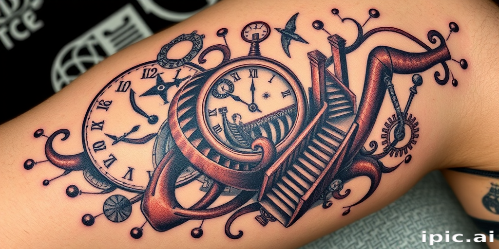 Surrealist tattoo called "Dreamscape Fusion" blending elements of Salvador Dali's melting clocks with M.C. Escher's impossible staircases, creating a mind-bending and thought-provoking design that challenges the viewer's perception of reality, perfect for art enthusiasts and those who enjoy pushing the boundaries of conventional tattoo aesthetics.