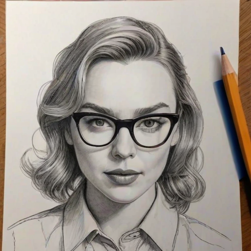 Resplendent Jodie Comer, pencil sketch, portrait of Exquisite woman 1948s in glasses, hair style beatnik, outline, clear lines, fine lines, 8k