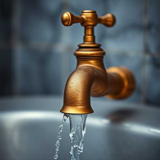Create a high-resolution image of a vintage brass faucet with water flowing from it, using a DSLR camera at f/2.8 aperture, ISO 100, 1/250 sec shutter speed, shot from a low angle to emphasize the flow of water, with a soft focus background to enhance the overall quality.