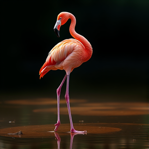 Create a high-resolution digital illustration of a pink flamingo standing on one leg, captured from a slightly low angle to enhance its stature, using a Canon EOS 5D Mark IV with a 50mm lens, aperture set to f/2.8 for a shallow depth of field, and a soft, diffused lighting setup to highlight the vibrant colors and textures.