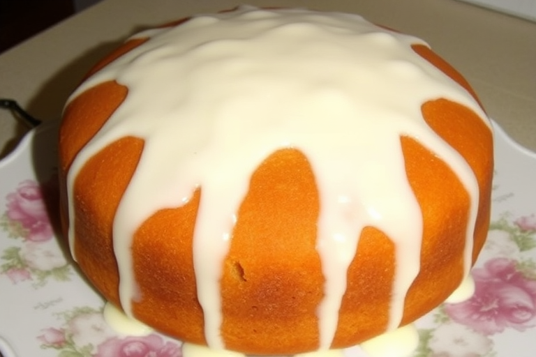 A round cake with a smooth golden-brown surface topped with a thick white icing that drips down the sides, displayed on a decorative white plate with floral patterns.