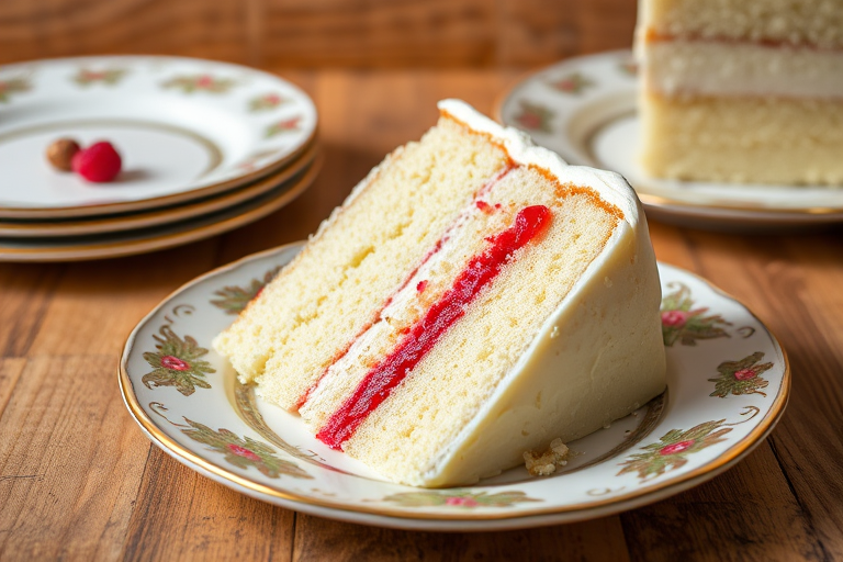 A slice of white cake on a decorative plate with a layer of red filling and crushed nuts in the middle, topped with white frosting, set against a wooden background with additional plates in the background.