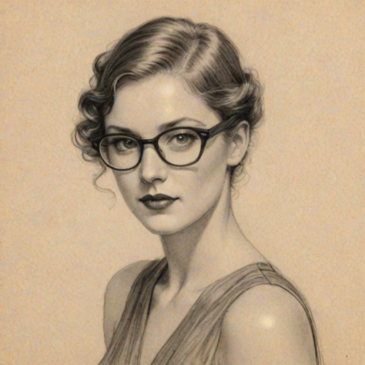 Ravishing Molly McNearney, pencil sketch, portrait of Radiant woman 1927s in glasses, hair style beatnik, outline, clear lines, fine lines, 8k