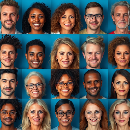 Create an image of a diverse group of people in a grid format on a blue background, capturing their faces in medium shot with a portrait lens at f/2.8, ISO 200, and a 50mm camera to enhance depth of field and clarity, ensuring a soft bokeh effect that highlights the subjects.