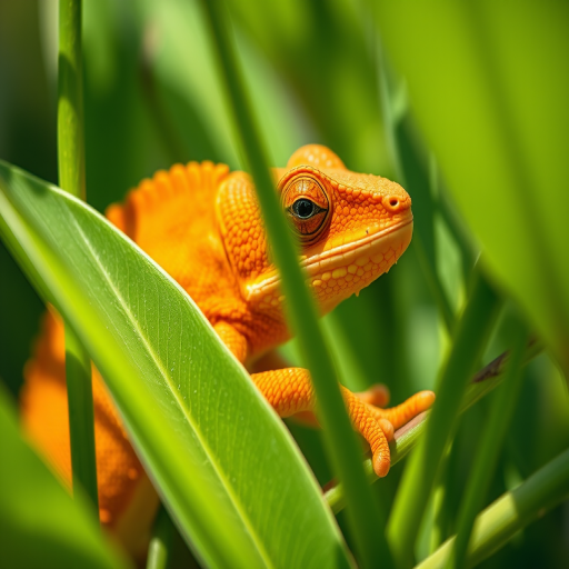 Capture a close-up shot of a chameleon partially hidden among green leaves, with focus on its vibrant orange hue, using a Canon EOS R5, 50mm lens, f/2.8 aperture, ISO 100, and natural sunlight for enhanced color contrast and detail.