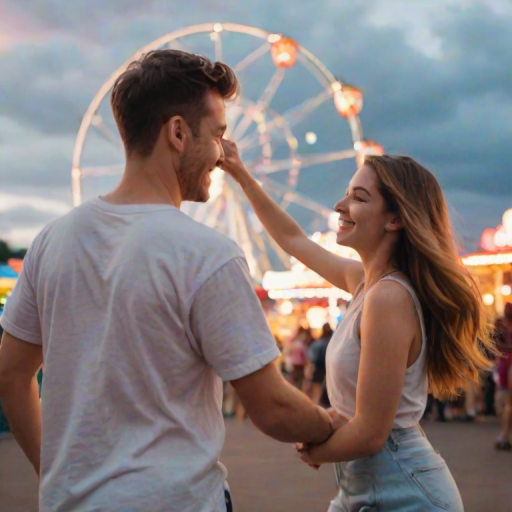 Blurry candid shot of a young couple sharing a playful moment at a local carnival, holding hands as they run toward a brightly lit Ferris wheel, soft cotton candy clouds in the background.