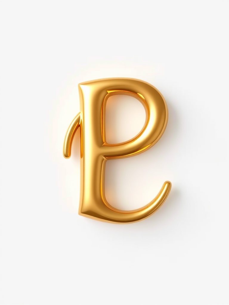 Create a 3D glossy gold letter "P" on a white background, with soft shadows and highlights, using a DSLR camera at f/2.8 aperture, ISO 100, 50mm lens, in high dynamic range style, with a top-down view for enhanced depth and clarity.
