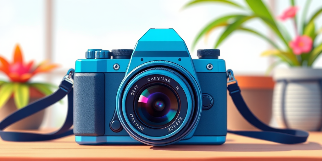 Create a vibrant cartoon-style image of a camera with a blue color scheme, using a 50mm lens at f/1.8, ISO 100, shot from a front view in natural light with a shallow depth of field to enhance details and bright colors.