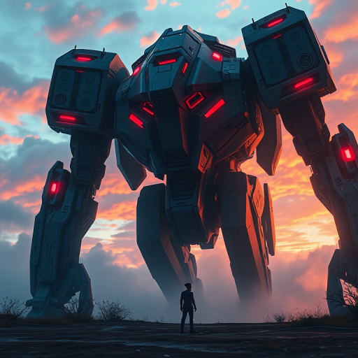 Ultra-detailed digital painting of a massive futuristic robot looming over a lone figure, dramatic lighting with vibrant colors, captured in 4K resolution, wide-angle lens, f/2.8 aperture, ISO 100, dusk setting, cinematic style.