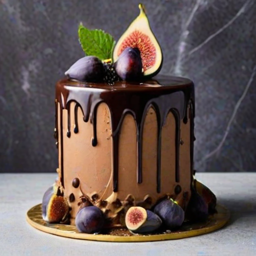 Create an image of a tall, layered chocolate cake with rich chocolate ganache dripping down the sides. The cake should have decorative elements like fresh figs, sprigs of mint, and edible gold leaf. Add a waffle cone piece and some purple flowers on top for an elegant touch. The background should be a simple green to enhance the cake's colors.