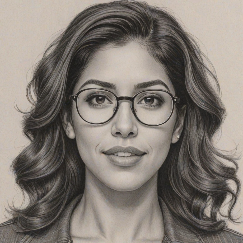 Dazzling Stephanie Beatriz, pencil sketch, portrait of Fascinating woman 1957s in glasses, hair style beatnik, outline, clear lines, fine lines, 8k