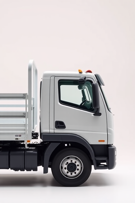 high-quality side view of a modern flatbed truck, 35mm lens, f/8 aperture, ISO 100, soft studio lighting, high-resolution digital camera, minimalistic background