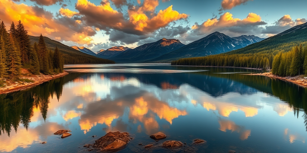 landscape of a serene lake surrounded by evergreen trees and mountains at sunset, reflections in the water, dramatic clouds in the sky, taken with a DSLR camera, 24mm lens, f/8 aperture, ISO 100, 1/200s shutter speed, shot in HDR style, golden hour lighting