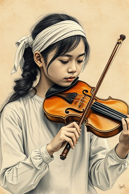 a young Cambodian woman with a white headband playing a violin, in the style of a charcoal drawing, sepia grunge background