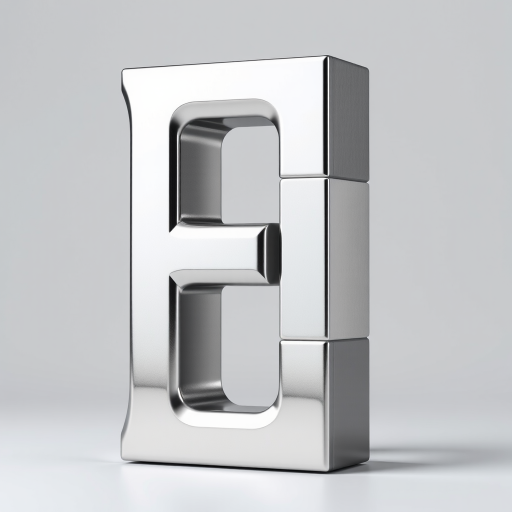 Create a metallic letter "E" with a shiny silver finish, high resolution, 35mm lens, f/2.8 aperture, shallow depth of field, front view, studio lighting, digital camera.