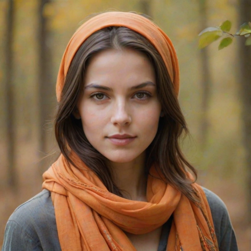 Create a portrait of a young Caucasian woman with long, dark hair and captivating hazel eyes. She is wearing a orange headscarf and a matching scarf draped gracefully around her neck. The background is softly blurred, focusing attention on her serene and natural expression. The overall color palette is muted and warm, enhancing the intimate and authentic feel of the portrait.