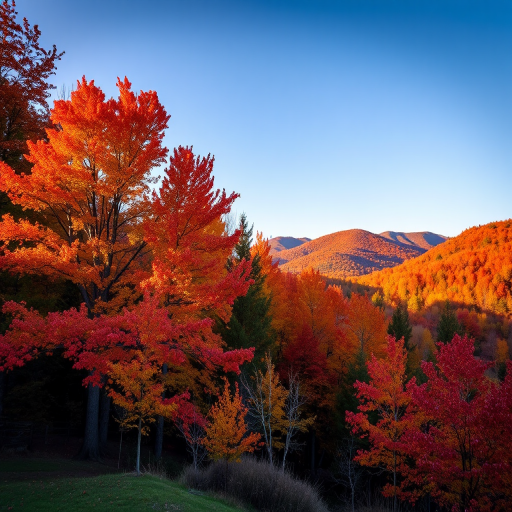 Capture a scenic landscape of autumn foliage with a focus on vibrant trees, using a DSLR camera at f/8 aperture, ISO 100, 24mm lens, shot in landscape orientation during golden hour for enhanced colors and soft lighting.