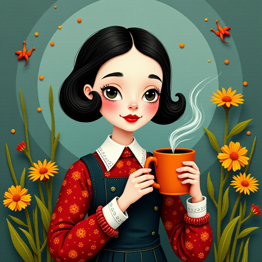 Wednesday Addams holding a steaming coffee mug, depicted in colorful felt textures. The artwork has a serene and tranquil atmosphere, emphasizing the beauty of nature, and evokes a nostalgic and whimsical feeling suitable for children's picture books, greeting cards, and home decor.