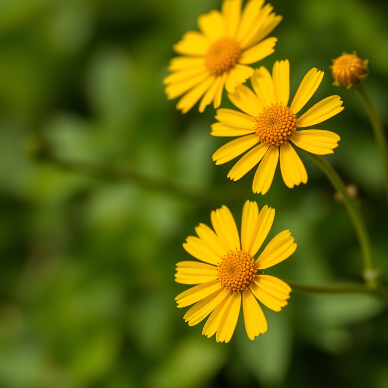 Create a close-up shot of vibrant yellow flowers against a blurred green background, using a DSLR camera, aperture f/2.8, ISO 200, shutter speed 1/250s, natural lighting.