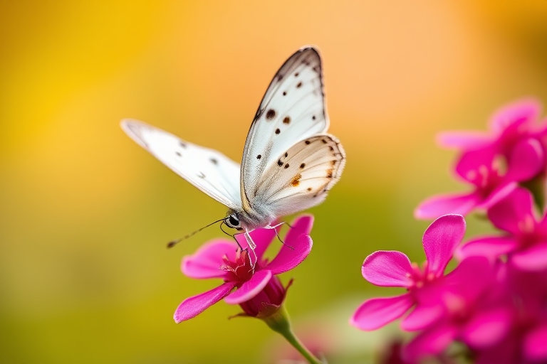 Generate an image of a delicate butterfly with white wings adorned with black spots, resting on vibrant pink flowers. The background should be softly blurred with a warm, greenish hue to create a serene and natural atmosphere. Focus on the intricate details of the butterfly's wings and the petals of the flowers.