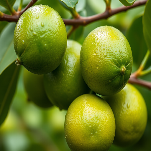 close-up shot of fresh green limes on a branch with water droplets, shallow depth of field, f/2.8 aperture, 50mm lens, ISO 100, natural light, DSLR camera