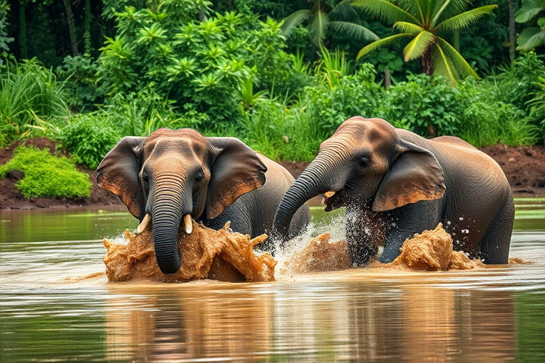 Two playful elephants splashing in muddy water surrounded by lush green jungle, captured with a Canon EOS R5, 50mm lens, f/2.8, ISO 400, 1/500 second, in soft natural lighting to enhance details and contrast.