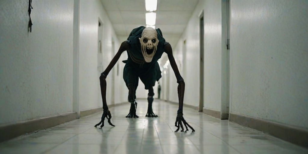 a crooked male with long arms and a creepy smile is crawling along a long white corridor and you can also see cockroaches in it there is a creepy atmosphere creepy art style