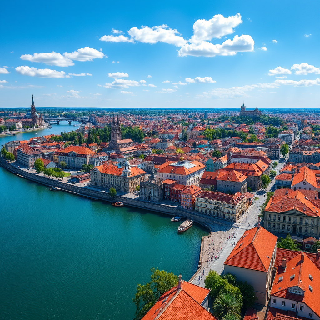 aerial view of a scenic cityscape with red-roofed buildings beside a river on a bright sunny day, ISO 100, aperture f/8, shutter speed 1/125 sec, wide-angle lens, DSLR camera, high resolution