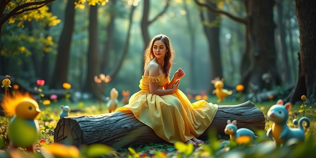 Create a whimsical scene of a young woman in a flowing yellow dress sitting on a log in an enchanted forest surrounded by playful, cartoonish creatures, soft golden hour lighting, depth of field at f/2.8, ISO 100, shot from a low angle with a 50mm lens on a DSLR camera.