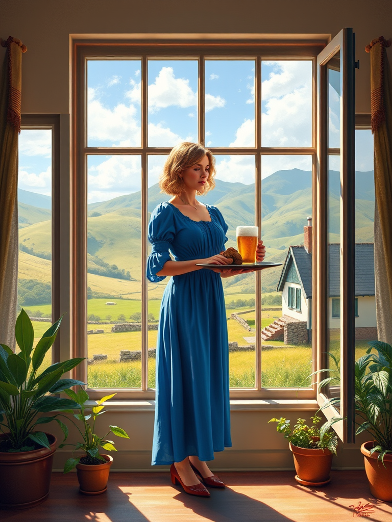 In "A Glass of Beer on the Highland," a serene scene is depicted in a sunlit room where a woman in a vibrant blue dress stands by a large window. She holds a tray with a hearty meal and a frothy glass of beer, embodying a moment of relaxation. Outside, the breathtaking highland landscape features rolling green hills and a charming traditional house, all bathed in warm afternoon light. The interior is adorned with potted plants, creating a harmonious blend of comfort and nature. The painting beautifully captures the tranquility and joy found in simple pleasures amidst stunning scenery
