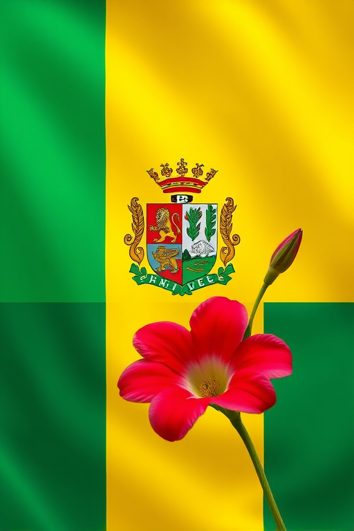 Generate an image of a flag featuring a green top stripe, a yellow bottom stripe, a coat of arms with a lion and two sheaves of wheat on the left, and a red flower with a green stem on the right, using a DSLR camera with a 50mm lens, f/8 aperture, ISO 100, and a landscape orientation for clarity and detail.
