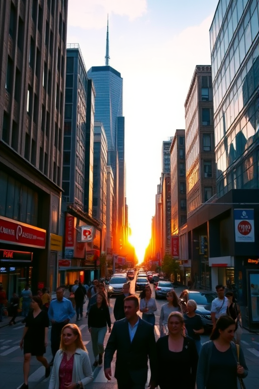 Create a high-resolution image of a busy city street with pedestrians, capturing the vibrant atmosphere during sunset, using a DSLR camera with a 50mm lens, aperture set to f/2.8, ISO 100, and a shutter speed of 1/125s, shot from a slightly elevated angle to showcase the skyline and activities below.