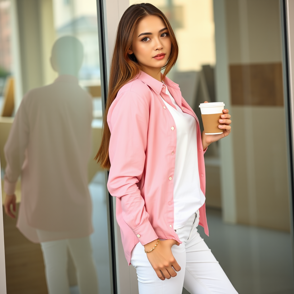 A young woman with long brown hair stands with her back against a glass door, wearing a pink button-down shirt over a white T-shirt and white pants, holding a cup of coffee in her right hand. The woman is looking directly at the viewer, her expression is neutral. Her right hand is tucked into the pocket of her pants while her left hand holds the coffee cup. The lighting is soft and natural, highlighting her features. The background is blurred, with the focus on the woman. The photo is taken from a slightly elevated perspective, showcasing the woman's full figure.