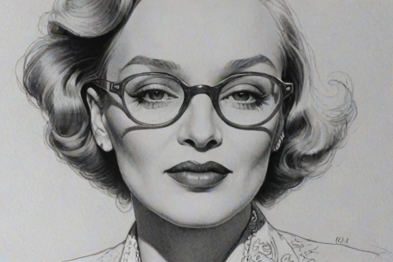 Sublime Marlene Dietrich, pencil sketch, portrait of Elegant woman 1943s in glasses, hair style beatnik, outline, clear lines, fine lines, 8k