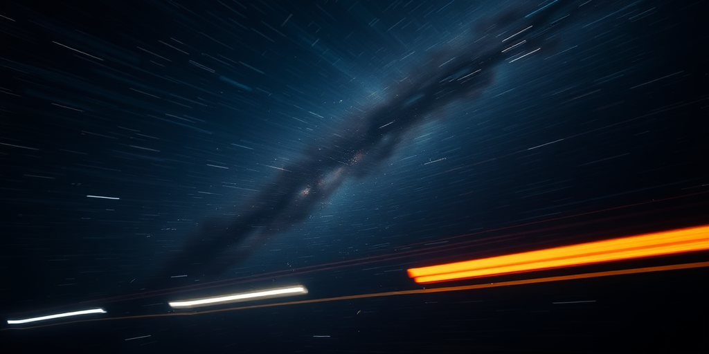 High-speed motion blur of light streaks in a dark galaxy, 24mm lens, f/2.8 aperture, ISO 400, shot at 1/60 sec, wide-angle view, using a DSLR camera with long exposure style to enhance depth and clarity.